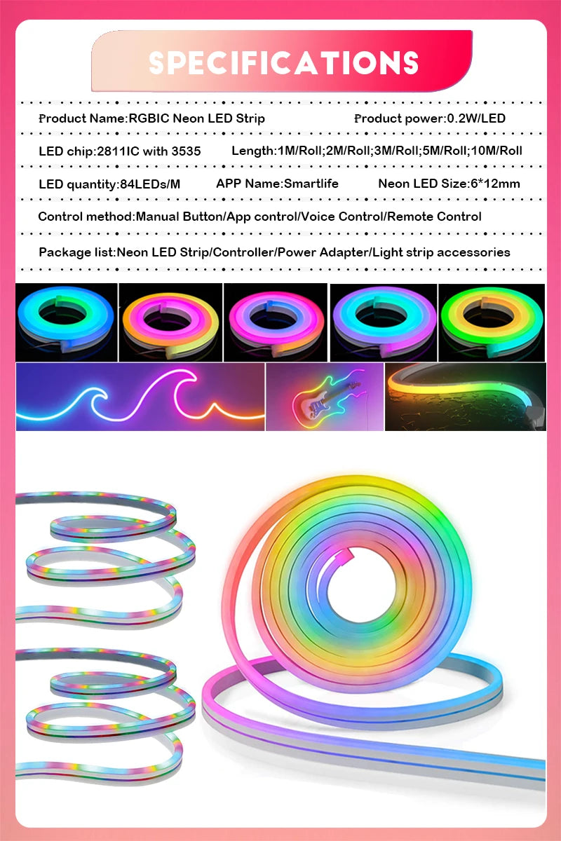Neon LED Strip Lights 24V with Music Sync RGBIC (Full Set)